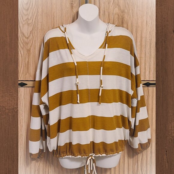 Aerie Women's Small Striped Hoodie Mustard Yellow White Long Sleeve Lightweight - Picture 2 of 13